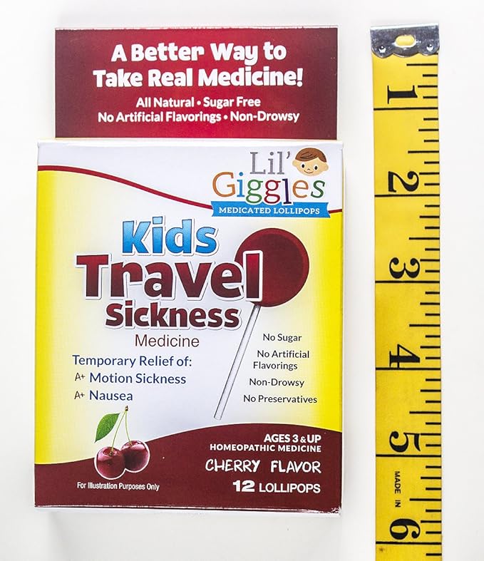 Lil' Giggles Kids Medicated Lollipops - Sweet Gentle Relief for Kids & Non-drowsy - for Car Sickness, Travel Nausea & Motion Sickness Relief - Homeopathic Remedy Children's Love - Cherry Flavor 12 CT