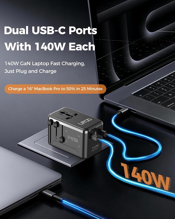 140W Max GaN Universal Travel Adapter, 3 USB C 1 USB A & 2500W AC Outlet, International Power Adapter for EU UK US AU 200+ Countries, Fast Charger Compatible with MacBook, iPhone, Laptop and More