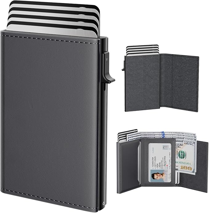 typecase Mens Wallet Card Holder: Pop Up Aluminum Case, Premium Genuine Leather, Smart, RFID Blocking, Slim, Minimalist, Front Pocket - 9-14 Cards Capacity | ID Window | Cash Slot (Deep Grey)