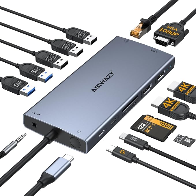 USB C Docking Station Dual Monitor for Dell/HP/Lenovo/Surface Laptop, 15 in 1 Triple Display Multiport Adapter Hub, USBC Dock Dongle with 2 HDMI+VGA+6 USB C/A+Button+100W PD+Ethernet+SD/TF+Audio