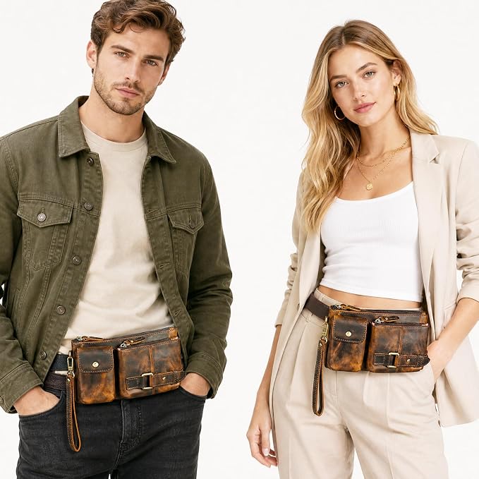 Water Resistant Canvas + Leather Hiking Riding Travel Fanny Waist Pack Small Phone Pouch For Men Women FB811-29 (Z-8135-100% Leather)
