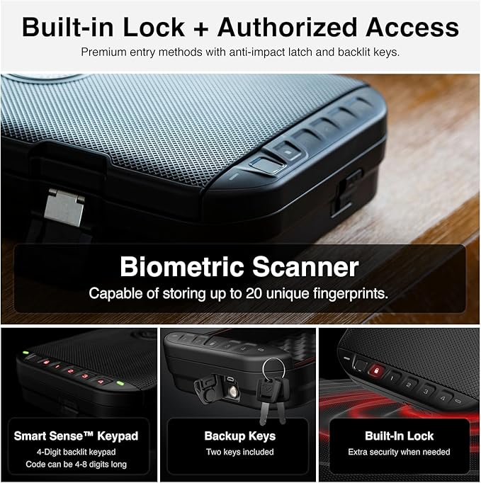 VAULTEK LifePod 20 Full-Size Biometric Lockable Weatherproof Case with Built-in Lock, Steel Security Cable, & TSA Handgun Case or Car Safe, Portable Travel Pistol Safe/Covert Black/Biometric