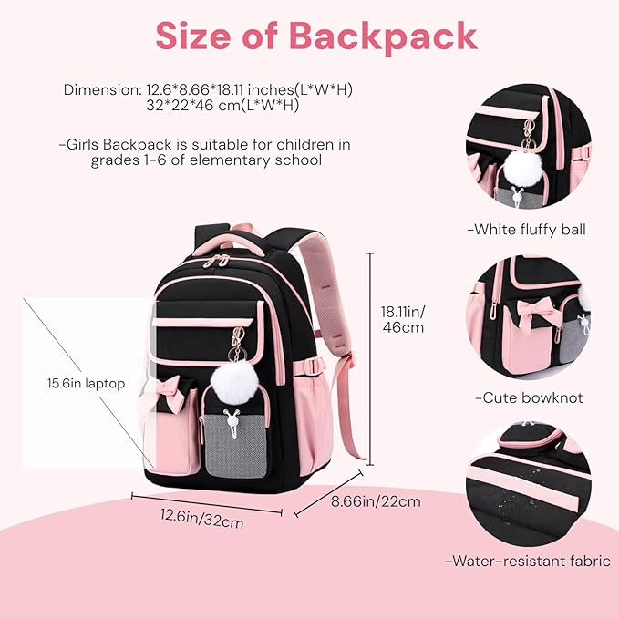 Girls Backpack School Bags Kids Elementary School Backpack for Girls Teens Cute Childrens Bookbags Casual Back Packs, Black Purple