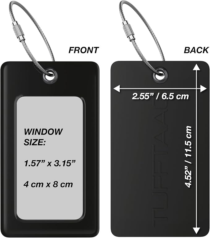 Luggage Tags Business Card Holder by TUFFTAAG - Flexible PVC Travel ID Bag Tag, Black, 6 Pack