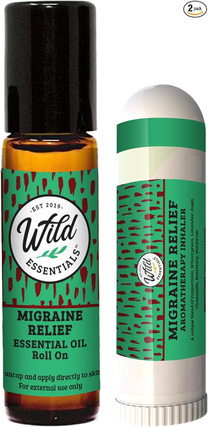Wild Essentials Migraine Relief 2-Pack – Aromatherapy Roll-On & Nasal Inhaler – Basil, Chamomile, Lavender, Marjoram, Peppermint, Rosemary & Wintergreen – On-The-Go Comfort & Relaxation