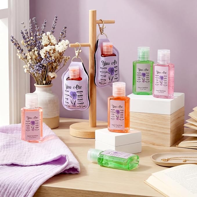 Frienda 24 Pcs Christian Scented Hand Sanitizer and 24 Keychain Holders Gifts for Women Bible Verse Religious Purple Sanitizers Gift for Christian Prayer Mom Pastor Mother's Day Appreciation Gifts