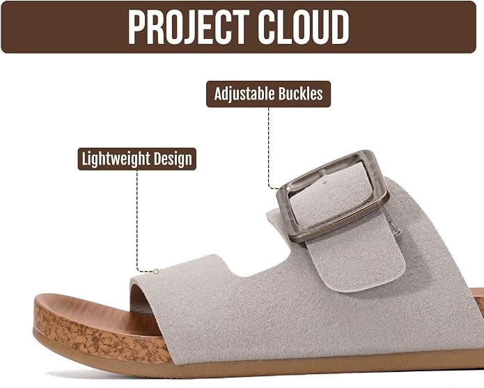 Project Cloud Womens Sandals - Adjustable Buckle Sandals for Women 2026 with Plush Insole - Lightweight & Non Slip Slides for Women Footwear