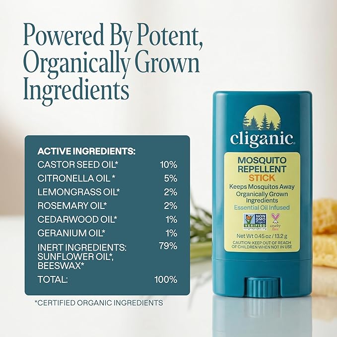Cliganic Mosquito Repellent Stick for Adults & Kids - 5 Hours of Natural, DEET-Free Protection, Non-GMO Verified, with Organically Grown Ingredients & Essential Oils, Easy to Use Travel Stick