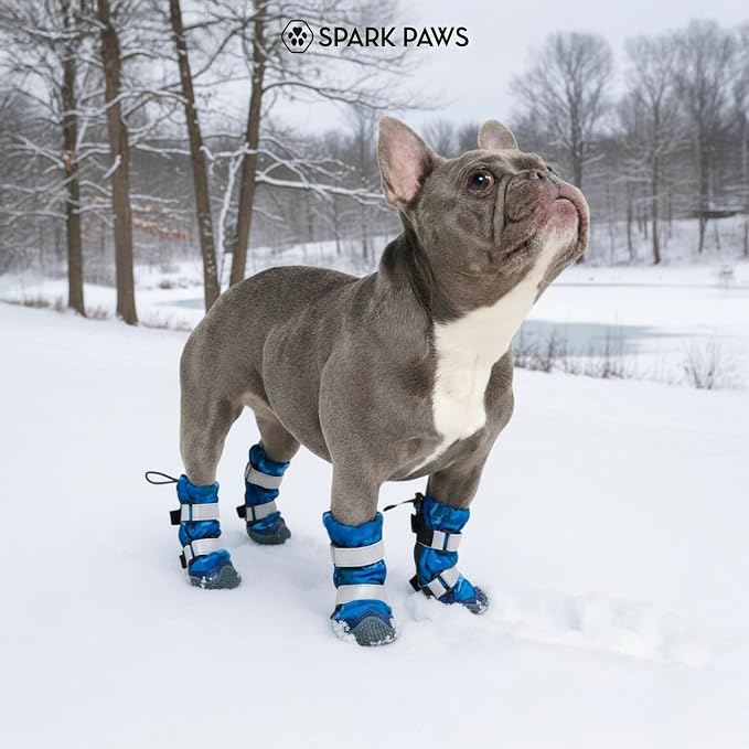 Spark Paws Dog Rainboots, Waterproof Dog Shoes for Medium to Large Dogs, Non Slip, Dog Booties and Paw Protectors - 4PCS Doggie Hiking Boots with Reflective Straps - Blue Camo, Size 2