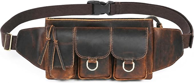 Water Resistant Canvas + Leather Hiking Riding Travel Fanny Waist Pack Small Phone Pouch For Men Women FB811-29 (100% Leather-The 341 Coffee)