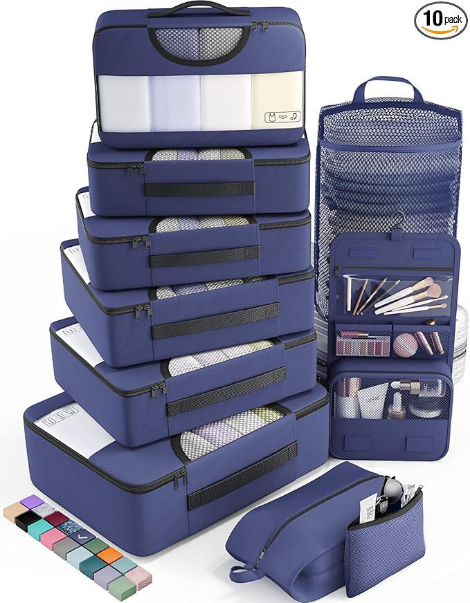 Veken 10 Set Packing Cubes for Travel Essentials, Suitcase Organizer Bags in 4 Sizes, Carry-On Luggage Accessories with Large Laundry Bag & Passport Holder, Must-Have for Airplane, Road Trip & Camping