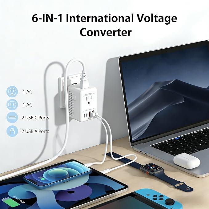 220v to 110v Converter Travel Voltage Converter European Plug Adapter Travel Power Adapter Canada to Europe with 2 USB A 2 USB C & UK US EU AU South Africa for Hair Dryer (White)