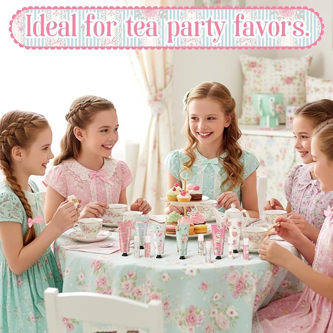 12 Sets Tea Party Favors Mini Hand Cream Lip Balm Bulk Gift Set for Women Wedding Party Favors for Guests Travel Size Hand Lotion Vintage Floral Moisturizing Lip Balm Gifts for Baby Shower