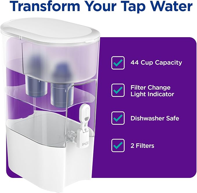 PUR Water Filter Dispenser XL 44-Cup with 2 Genuine PUR Filters, Largest Available, 44-Cup Capacity, 2-in-1 Powerful, Faster Filtration, Dishwasher Safe, (PDI4000Z)