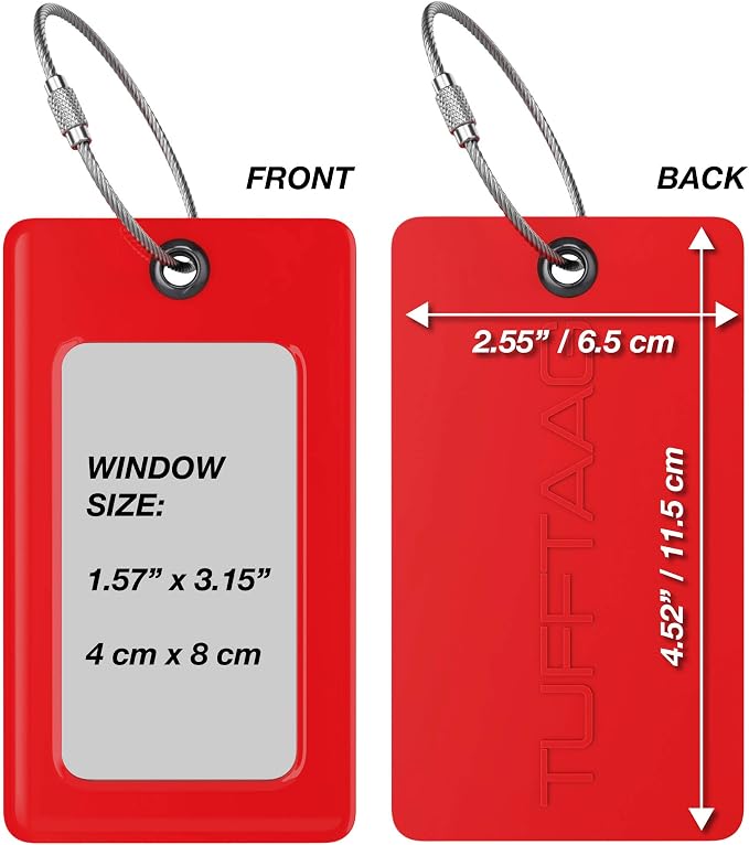 Luggage Tags Business Card Holder by TUFFTAAG - Flexible PVC Travel ID Bag Tag, Red, 6 Pack
