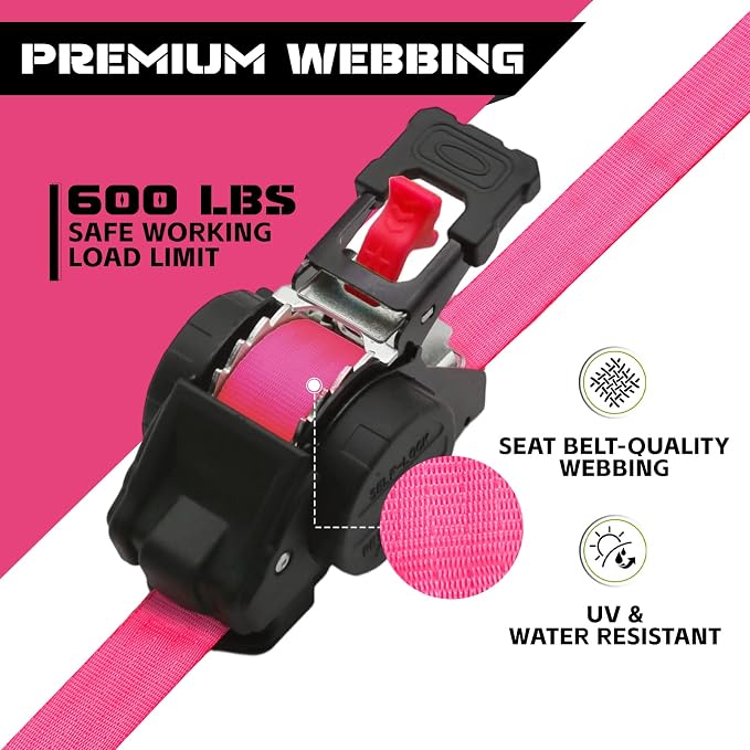 Retractable Ratchet Straps 1" x 13Ft, Heavy Duty Self Retracting Tie Down Straps, 1800lb Break Strength Auto Retract Cargo Straps for Truck, Trailer, Motorcycle, ATV, UTV, (Pink, 2 Pack)