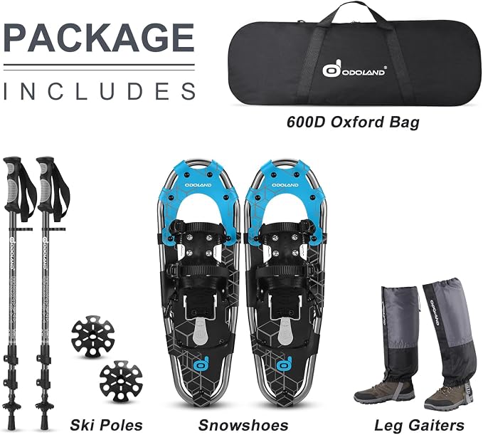 Odoland 21/25/30 Inch Snowshoes with Trekking Poles for Men Women Youth, Waterproof Snow Leg Gaiters and Carrying Bag, Lightweight Aluminum, Heel Lift, Snow Shoes Easy to Wear