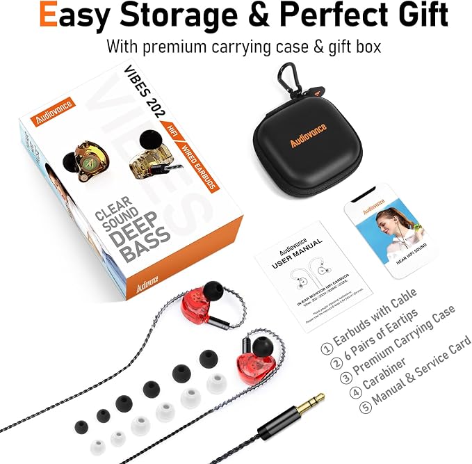 Vibes 202 Wired Earbuds - HiFi in Ear Monitor Headphones – Professional Noise Isolating Ear Buds - Clear Sound, Deep Bass & Comfort-Fit IEM Earphones - MMCX to 3.5mm, Silver Plated Cord, Carrying Case