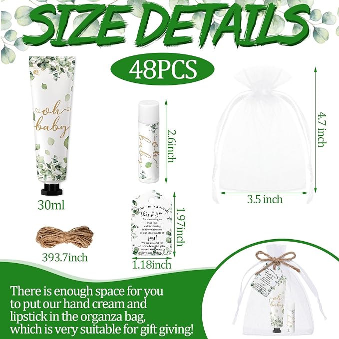 48 Sets/192 Pcs Sage Green Baby Shower Gifts for Guests Bulk Greenery Oh Baby Shower Hand Cream and Lip Balm Eucalyptus Travel Size for Girl Boy Gender Reveal Games Prizes Bridal Wedding