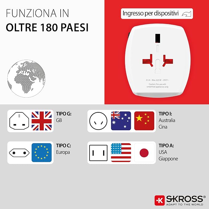 SKROSS Universal Travel Plug with USB and USB C, 1.302962, White