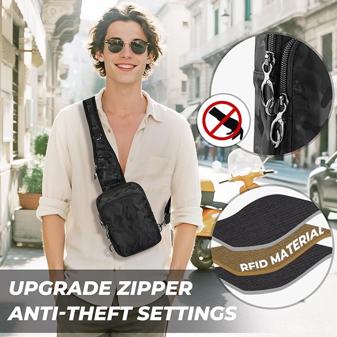 Crossbody Bag Anti Theft Sling Bag for Women Men RFID Blocking, Small Shoulder Chest Bags with Zipper Lock