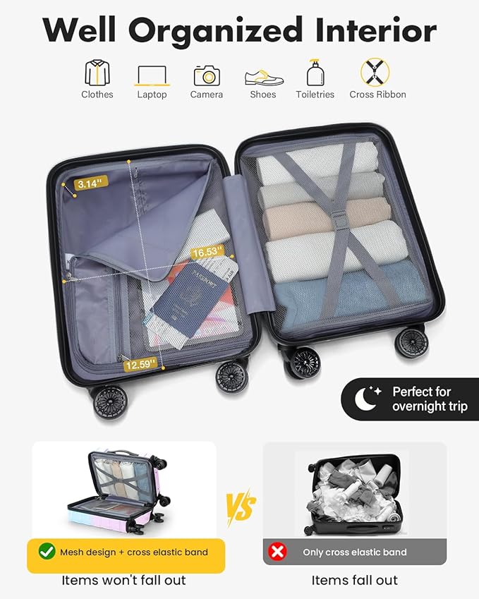 Lekesky 16 Inch Underseat Carry On Luggage Airline Approved, Small Hard Shell Suitcase with TSA Lock Spinner Wheels, Lightweight Personal Item Carry-On for Travel, Cotton Candy