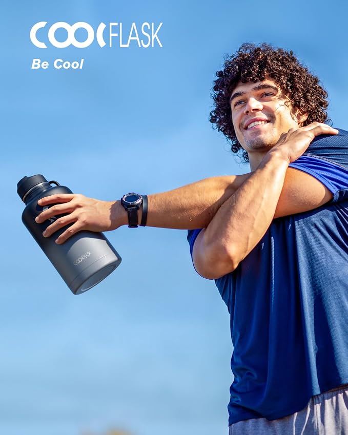 Half Gallon Insulated Water Bottle with Straw & 3 Lids, Coolflask 64 oz Water Jug Large Metal Stainless Steel Wide Mouth for Sports, Gym or Office, Non-BPA Keep Cold 48H Hot 24H, Piano Night