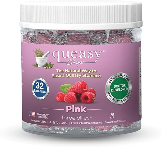 Three Lollies Queasy Drops - Pink Sour Raspberry Flavor - Travel Sickness & Nausea Relief, Soothes Stomach & Dry Mouth, Natural Ingredients - 32 ct