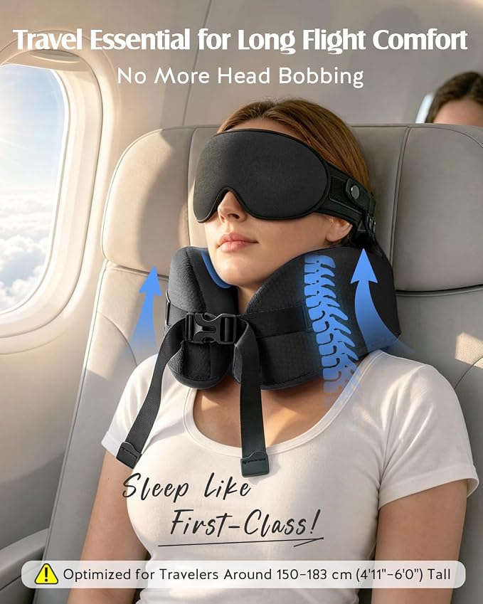 YFONG Travel Pillow for Long Flights, Patented 360° Ergonomic Sleeper Hold Head Support System with Memory Foam Neck Pillow & 3D Sleep Mask, Prevent Head Bobbing for Airplane & Road Trip, Black