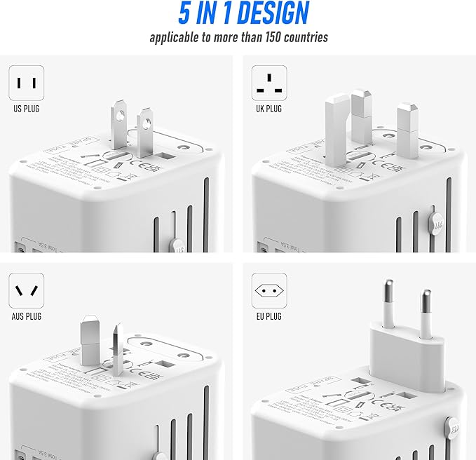 VYLEE Universal International Power Travel Plug Adapter, 5 in 1 European Travel Plug Adapter W/ 3.5A 2xUSB-A and 2xUSB C Wall Charger and Worldwide AC Outlet