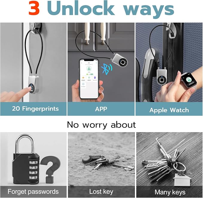 Fingerprint Cable Lock, 6" Long Cable Smart Padlock with Fingerprint Bluetooth APP, Keyless Biometric Waterproof Outdoor Gate Lock for Refrigerator French Door Fence Backyard Pantry