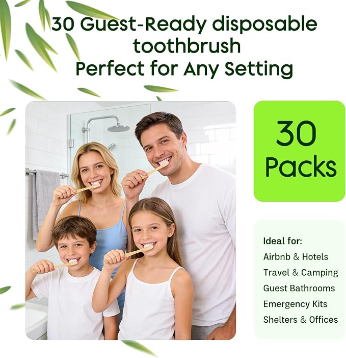 30 Pack Bamboo Toothbrushes Kit, Disposable Travel Toothbrushes with Toothpaste (6g), Individually Wrapped Guest Dental Kit for Hotel Amenities, Airbnb Hosts, Travel & Camping