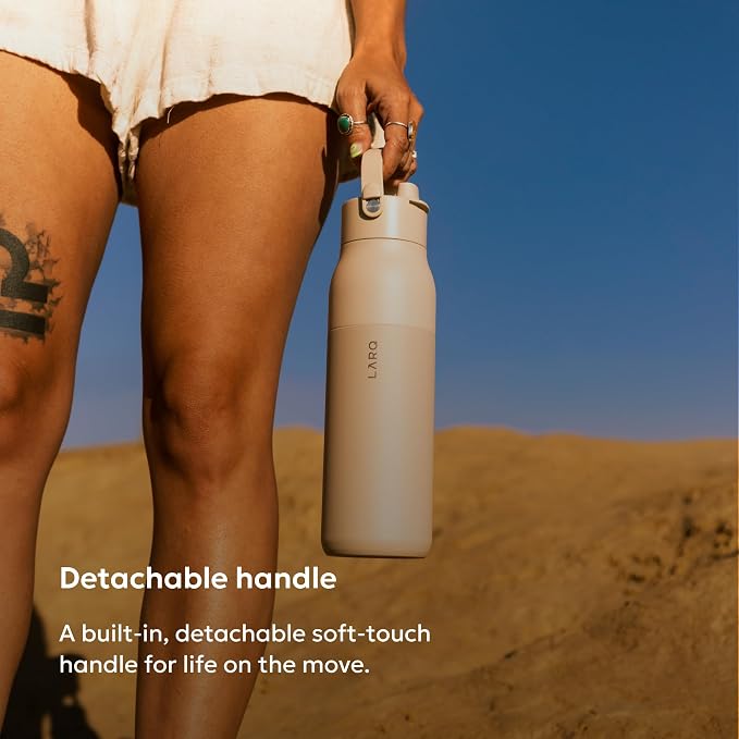 LARQ Swig Top — Insulated Stainless Steel Water Bottle with Straw, Detachable Silicone Handle, Vacuum 24h Cold, BPA-Free Metal Bottle for Gym, Travel, Office, Wide Mouth for Ice — 34 oz, Mojave Dune