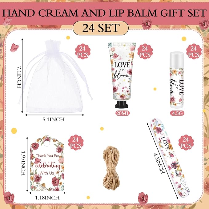 Leelosp 24 Sets Love Is in Blooming Hand Cream and Lip Balm Gift Bulk Pink Floral Wildflower Bridal Shower Favor for Guests Travel Size Hand Lotion Lip Balm Nail File Gifts Set Wedding Party Supplies
