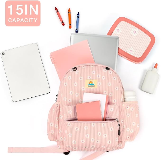 STEAMEDBUN Corduroy Kids Backpack for Girls and Boys 5-8: Girls Backpack for Elementary Kindergarten - 15 inch Cute Backpacks for Kids - Sakura