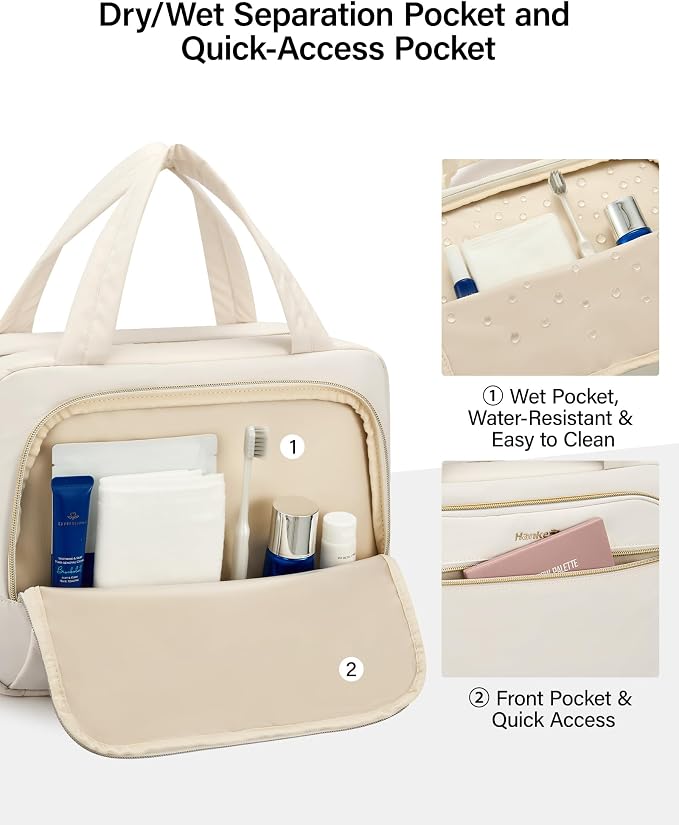Hanke Hanging Travel Toiletry Bag for Women, Water-Resistant Makeup Organizer with Hook, Cosmetic Bag for Bathroom & Travel Essentials Accessories, Off White