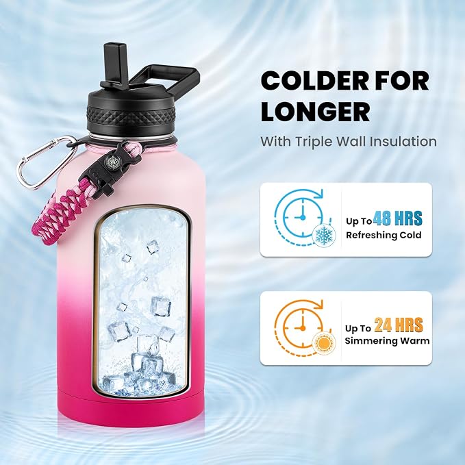 RAYMYLO Insulated Water Bottle 64 oz, Triple Wall Vacuum Stainless Steel (Cold for 48 Hrs), Leak Proof & Non-BPA, Half Gallon Water Flask Jug with Paracord Handle & Straw Spout Lids, Ombre Pink