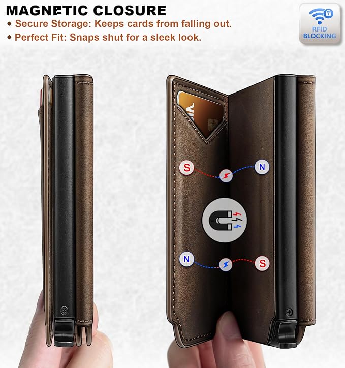 BULLIANT Men Wallet Leather Wallet Card Holders Money Clip for Men 10Cards-Magnetic Flip on Metal Case