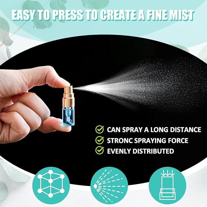 Zhehao 1 Pcs Mini Spray Bottles Clear Glass Perfume Bottles Refillable Fine Mist Perfume Atomizer Portable Empty Sample Containers for Cleaning, Essential Oils, Travel (Gold Cap,2 ml)