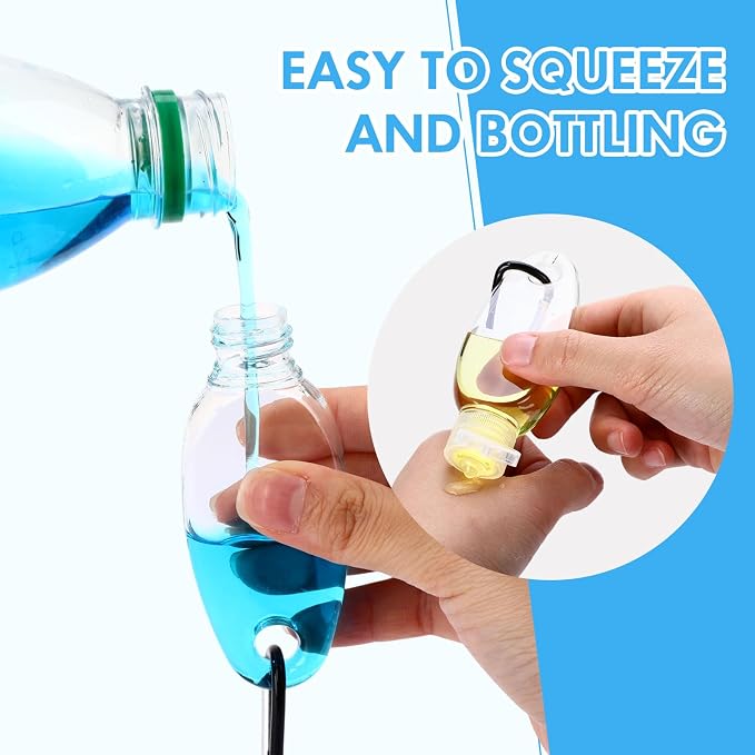 Yalikop 100 Pcs Traveling Bottles with Keychain 1oz Clear Plastic Keychain Bottle Leakproof Refillable Empty Keyring Container Liquid Packing Container Portable Bottle with Clear Lid for Liquid Cream