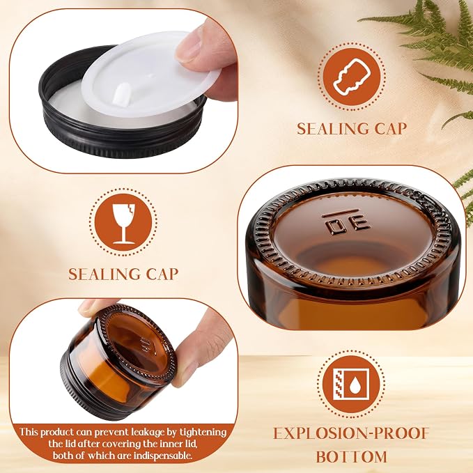 Domensi 60 Pcs 1oz Glass Jars with Lids Bulk Small Glass Salve Tins Cream Container Cosmetic Jars for Travel Balm with Inner Liners for Sample Cream (Amber,Black Lid,Metal Lid)