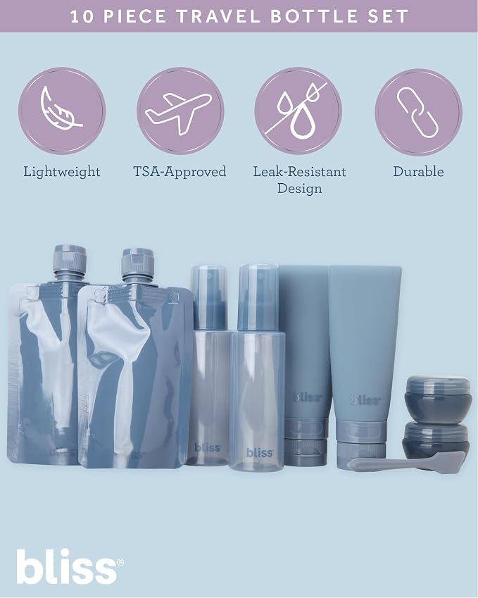 Bliss Travel Bottles Set - 10PC TSA Approved Leak Proof Refillable Travel Size Toiletries Containers for Shampoo Conditioner Lotion & Skincare, Size One Size, Denim Blue