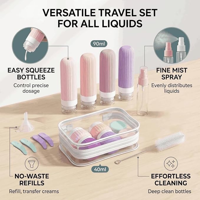 Travel Bottles Set 18 Pack, TSA Approved Leak Proof Silicone Travel Containers, Refillable Travel Size Containers for Toiletries, BPA Free, with Toiletry Bag for Shampoo Lotion Cream