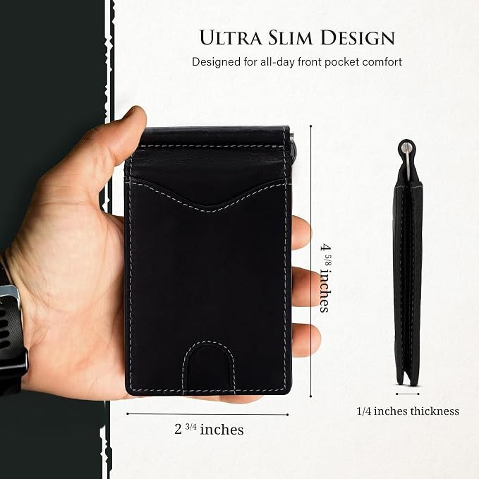 ROGUE WALLET Genuine Leather Minimalist Wallets - RFID Blocking with Money Clip - Interior & Exterior Card Pockets & More - Gift for Men (Black)