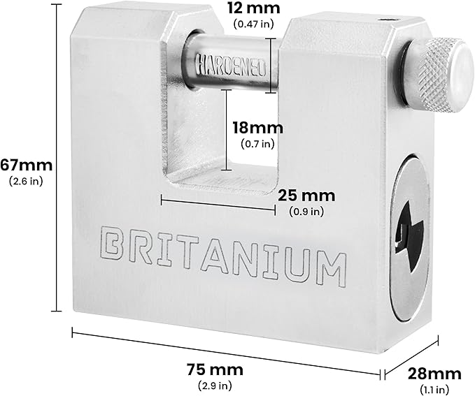 Britanium® BRX74 Heavy Duty Container Lock  with 5 Keys – 12 mm Cut Resistant Shackle, Weatherproof Nickel Plated Body | High Security Padlock for Container, Garage, Shed, Gates