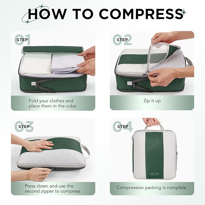 10 Set Compression Packing Cubes for Travel Essentials,Compressible Expandable Packing Cubes for Suitcase,OlarHike Luggage Garment Bags for Travel,Handy Helper for Organizing Clothes(Dark Green)
