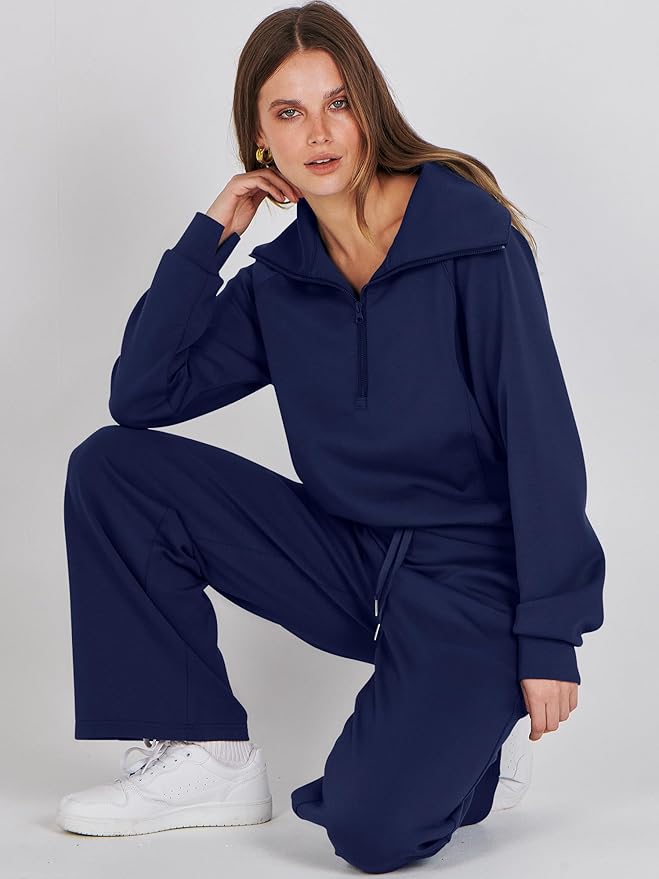 ANRABESS Women’s 2 Piece Outfits Half Zip Sweatshirt & Wide Leg Pants Airport Travel Lounge Matching Sets Sweatsuits Clothing