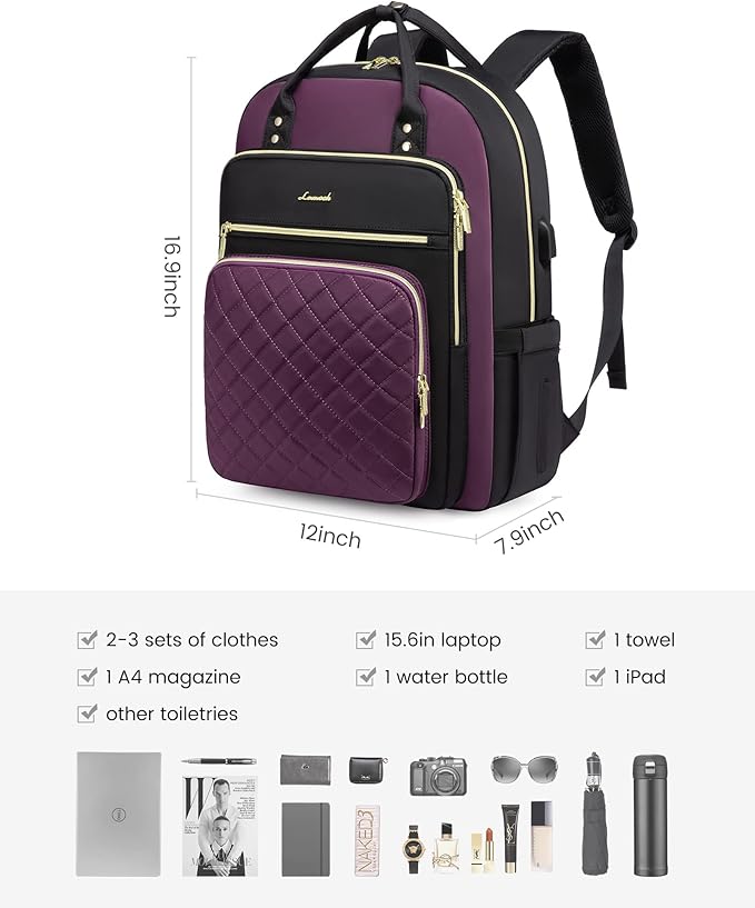LOVEVOOK Lunch Backpack for Women, 15.6 Inch Laptop Bag with Insulated Cooler Lunch Box, Work Backpack for Teacher Nurse, Travel Backpack Lunch Bag for Camping Picnic Daily Use, Purple Black