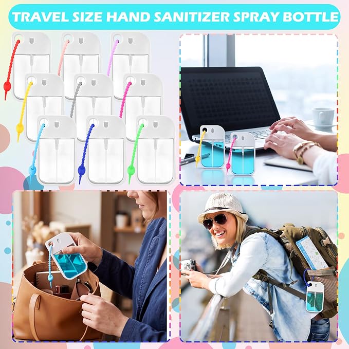 Rtteri 50 Pcs Empty Hand Sanitizer Spray Bottle Travel Size Mini Hand Sanitizer Rubber Lanyard Portable Refillable Perfume Bottle Funnel Dropper for Purse Backpack Party Favor (White,40 ml,Rect)