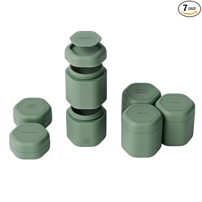 Cadence Travel Containers - Full Skincare Set - Magnetic Containers with Lids,Carry On Travel Essentials For Women/Men - 2 Small (0.56oz), 4 Medium Capsules (1.32oz), & Extender (1.43oz) - Eucalyptus